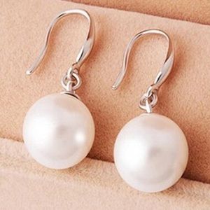 White pearl dangle silver earrings faux